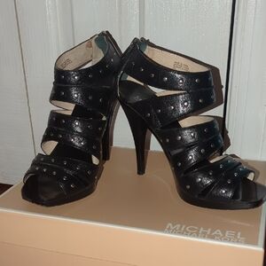 Michael Kors Black Leather Studded Astor Sandal Heels - Women's Size 7